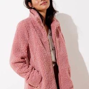 LOFT Pink Faux Fur Funnel Neck Fleece Zip Coat M